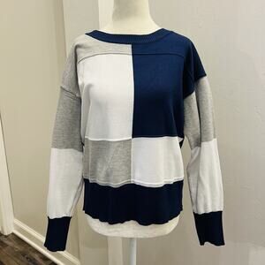 Shein Women's Large Navy White Gray Colorblock Round Neck Sweater (A0127)